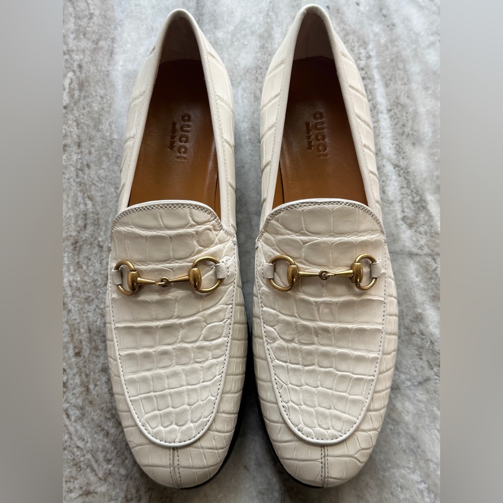 GUCCI JORDAAN CROCODILE HORSEBIT LOAFER SLIPPER MOCCASIN $4500 37.5 / 7.5 WHITE